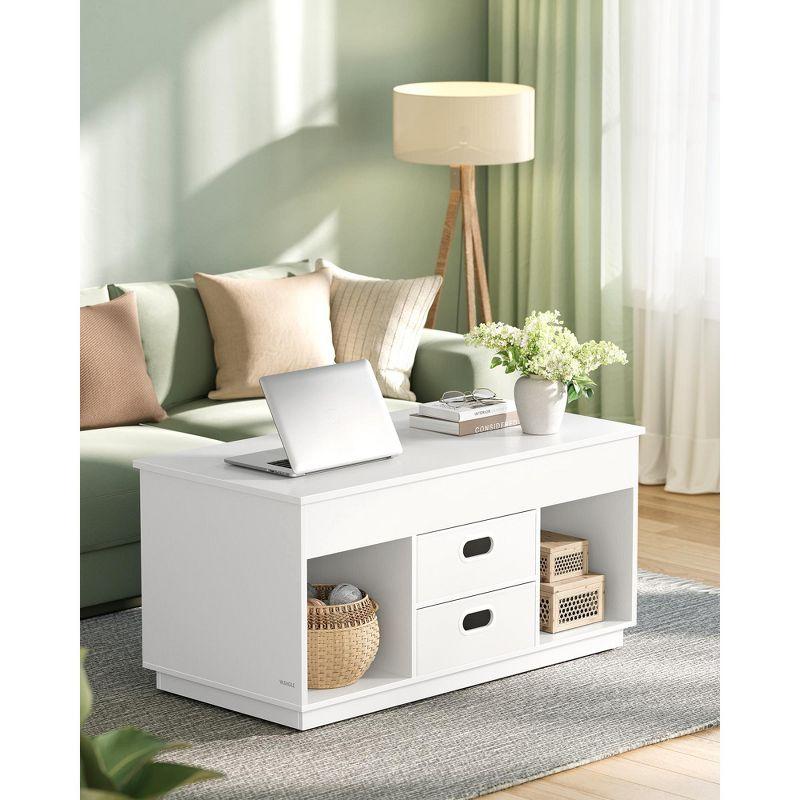 VASAGLE Coffee Table, Lift Top Coffee Table with 2 Drawers and Hidden Compartments, Center Table with Lift Tabletop, Open Compartments, Snow White