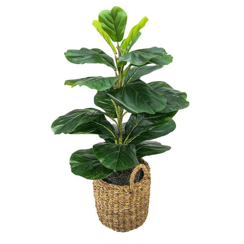 LCG Florals 30" x 16" Artificial Fig Plant in Basket with Handles: Indoor Faux Floor Plant, Polyester, Wicker Basket