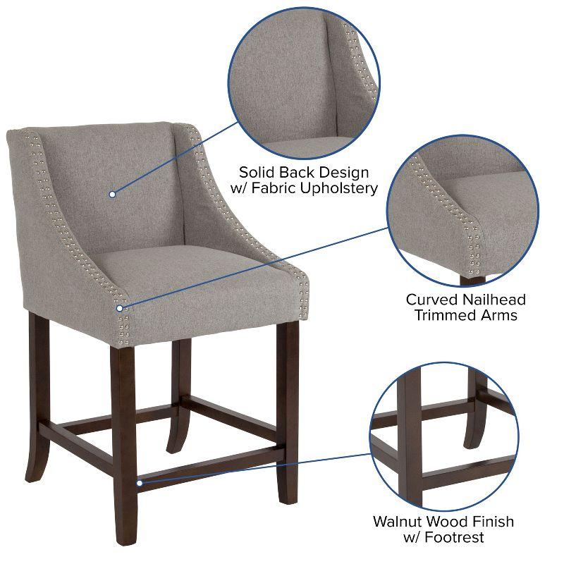 Merrick Lane 24 Inch Walnut Counter Height Stool with Nailhead Trim in Light Gray Fabric - Set of 2