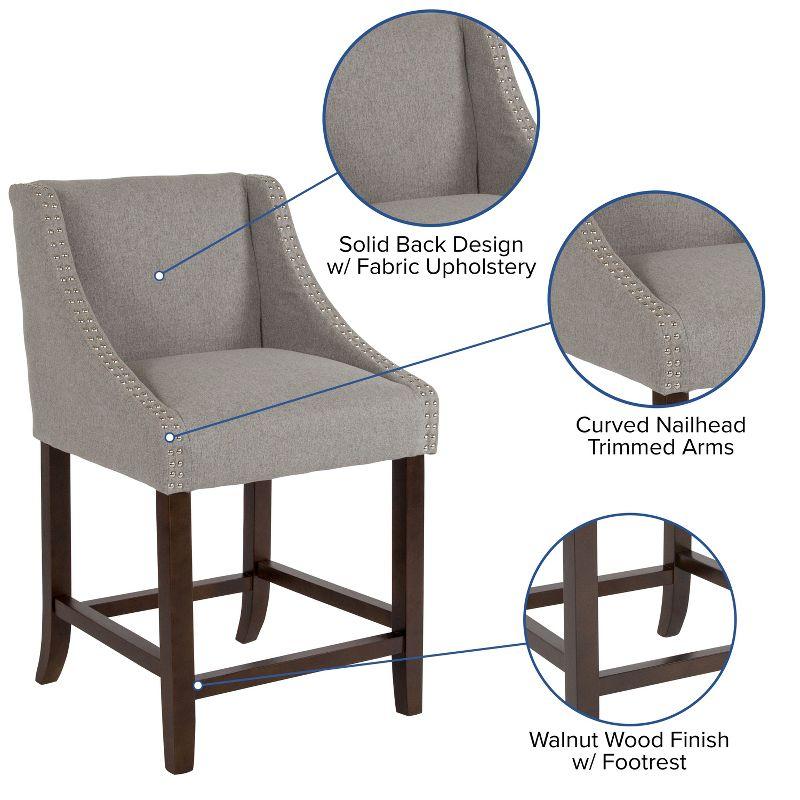 Walnut Counter Height Stools with Light Gray Fabric and Nailhead Trim - Set of 2