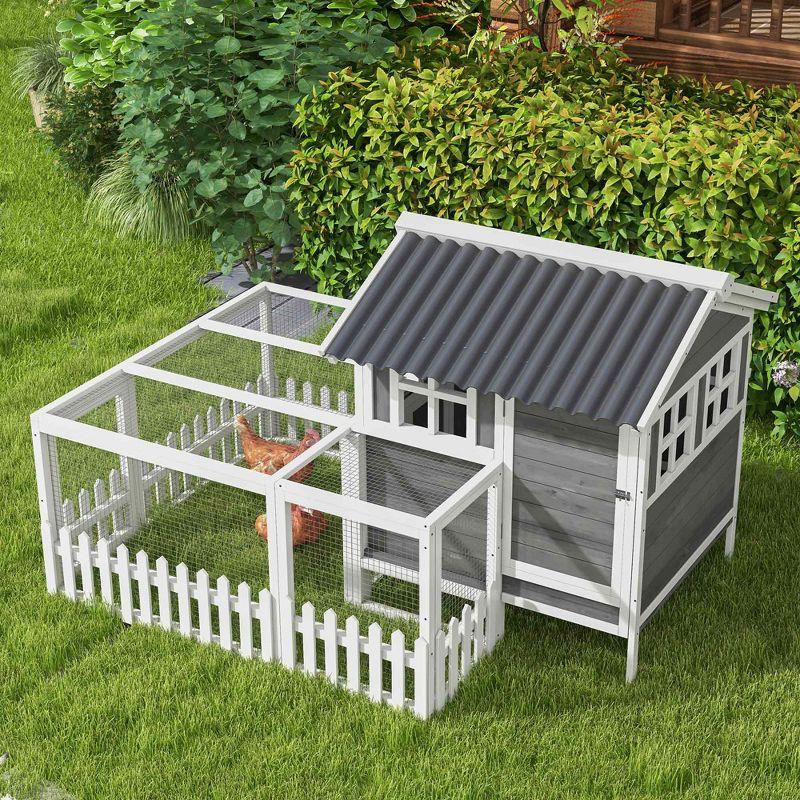 PawHut Wooden Chicken Coop with Run for 3 - 4 Chickens, Hen House with Nesting Box, Removable Tray, Fence, Outdoor Poultry Cage, 68" x 59" x 42", Gray