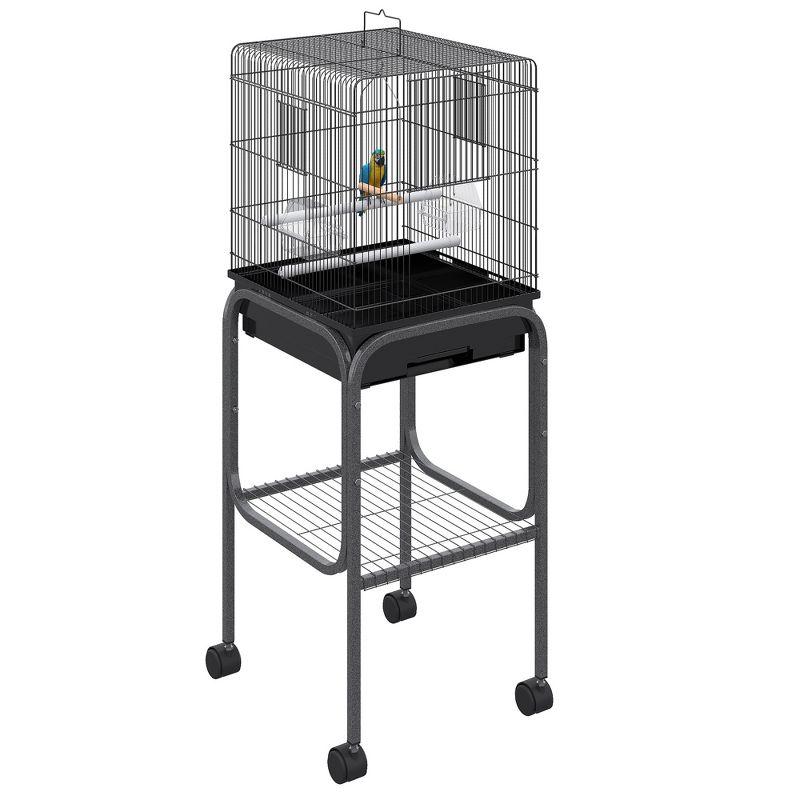 Black Metal Indoor Bird Cage with Rolling Stand and Storage Basket