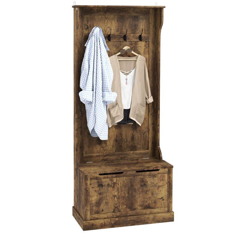 HOMCOM 3-In-1 Entryway Hall Tree with Storage Bench, Coat Rack with Four Hooks, and Shoe Storage, Rustic Brown
