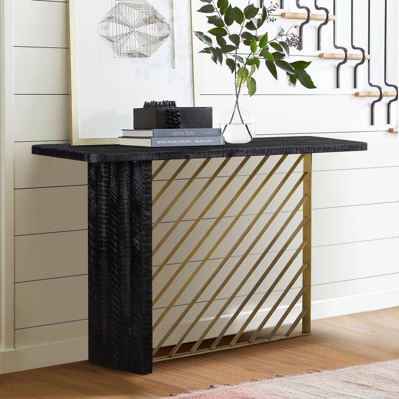 Monaco Console Table Black Wood/Antiqued Brass - Armen Living: T-Shape Base, Acacia, Entryway Skinny Table
