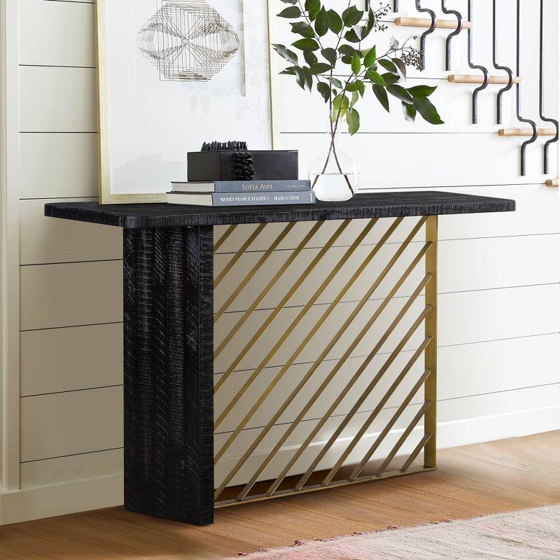 Monaco Console Table Black Wood/Antiqued Brass - Armen Living: T-Shape Base, Acacia, Entryway Skinny Table