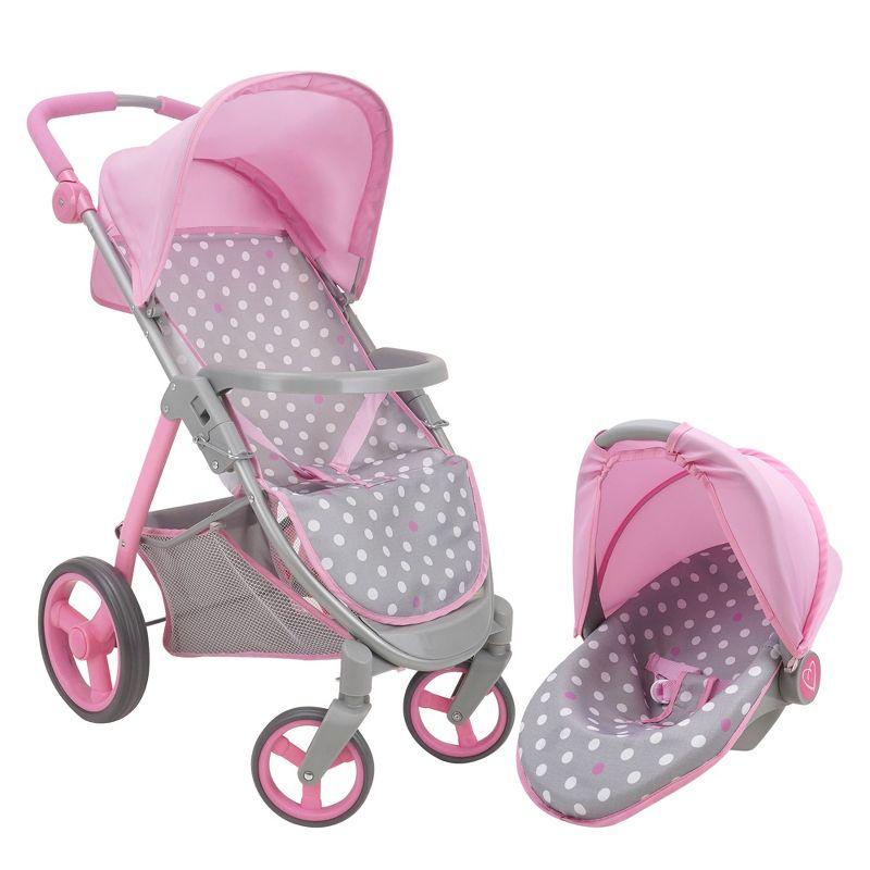 Cotton Candy Pink Doll Travel System in Grey Polka Dots, Fits Dolls Up to 18"