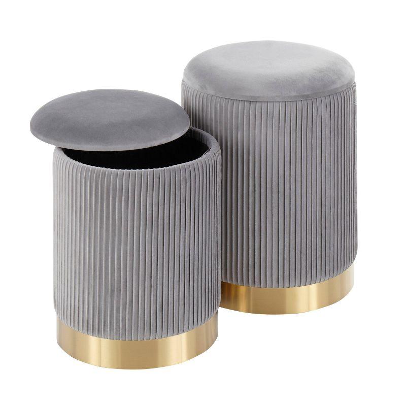 LumiSource Marla Contemporary Nesting Pleated Ottomans Gold/Gray: Velvet Upholstered, Metal Legs, No Assembly Required