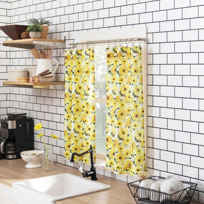 Sunflower Print Semi Sheer Rod Pocket Kitchen Curtain Valance and Tiers Set Yellow - No. 918