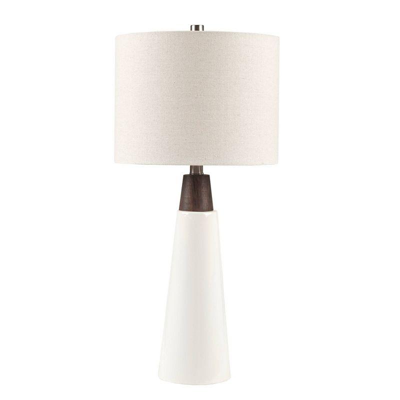 White Ceramic and Wood Table Lamp with Drum Shade