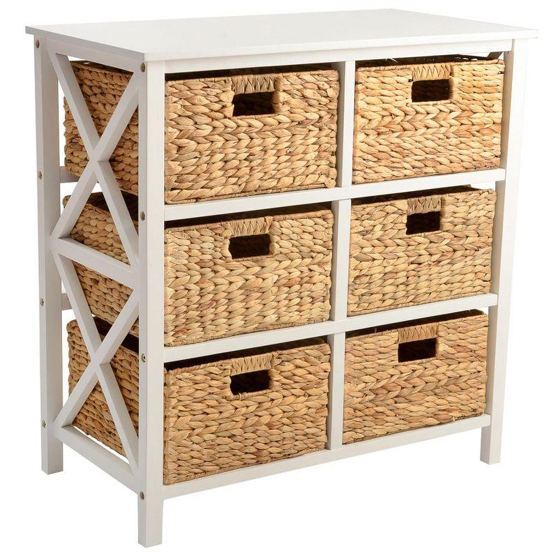 eHemco 3 Tier X-Side Storage Drawers with 6 Wicker Baskets, White