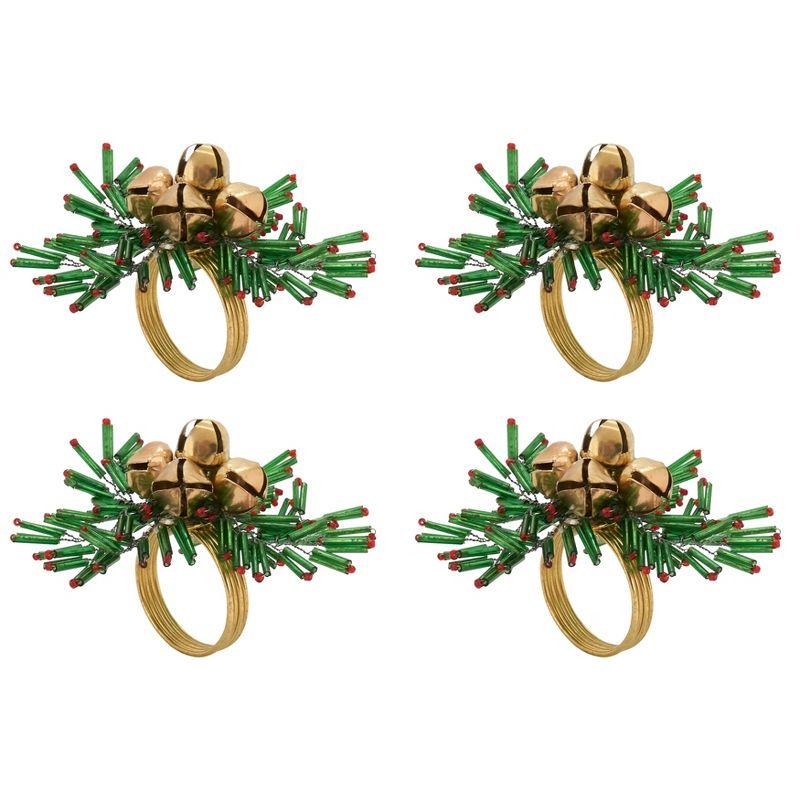 Saro Lifestyle Holiday Napkin Rings With Beaded Snowflake and Bells Design (Set of 4), Green, 4"