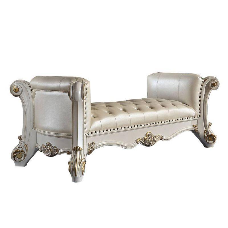 Acme Furniture 74" Vendome Ottoman and Bench Pearl Synthetic Leather and Antique Pearl Finish: Linen Upholstery, Metal Legs, No Tools Assembly