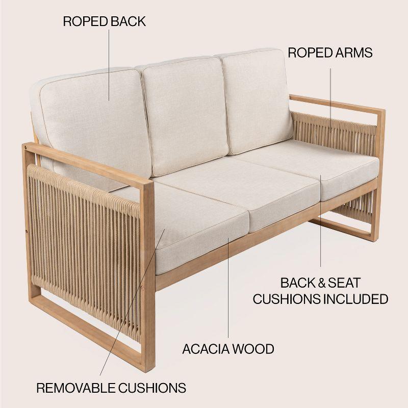 Gable 3-Seat Mid-Century Modern Roped Acacia Wood Outdoor Sofa with Cushions - JONATHAN Y