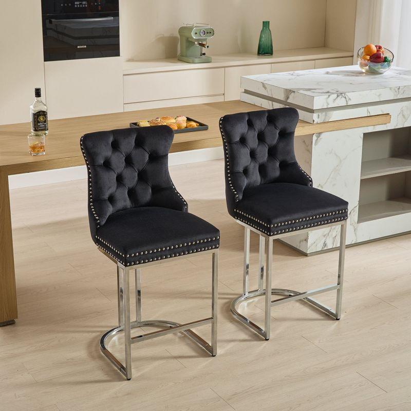 Rosdorf Park 25" Counter Height Bar Stools Set Of 2, Modern Velvet Barstools With Button Back&Rivet Trim Upholstered Kitchen Island Chairs With Sturdy Chromed Metal Base Legs Farmhouse Bar Stools,