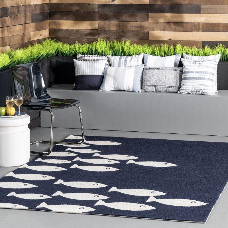 Navy and White Fish Pattern Indoor/Outdoor Rug