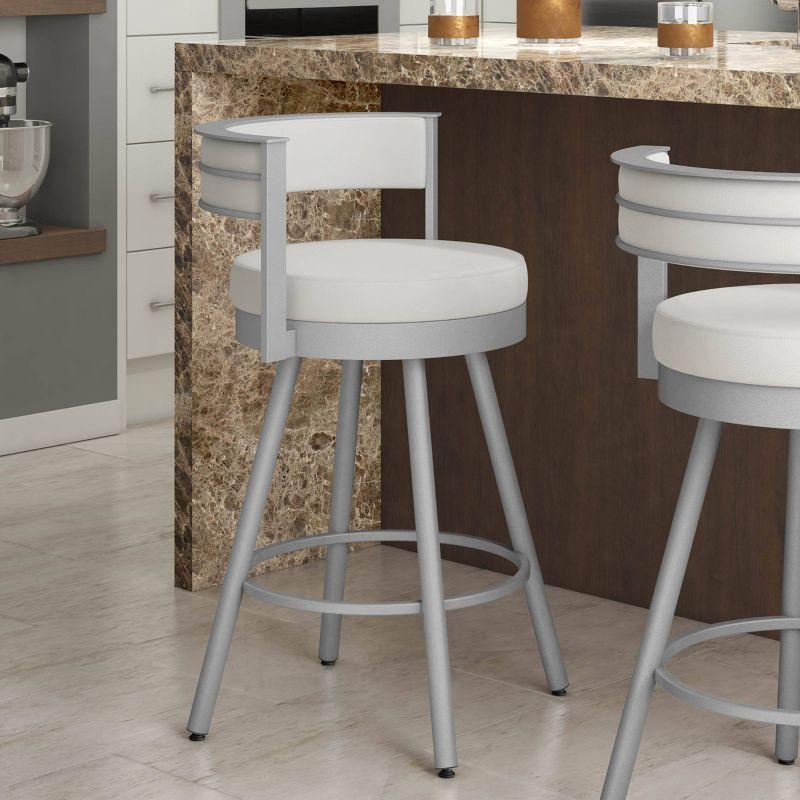 Eller 33.5" Swivel Counter Stool in Off-White Faux Leather and Shiny Grey Metal