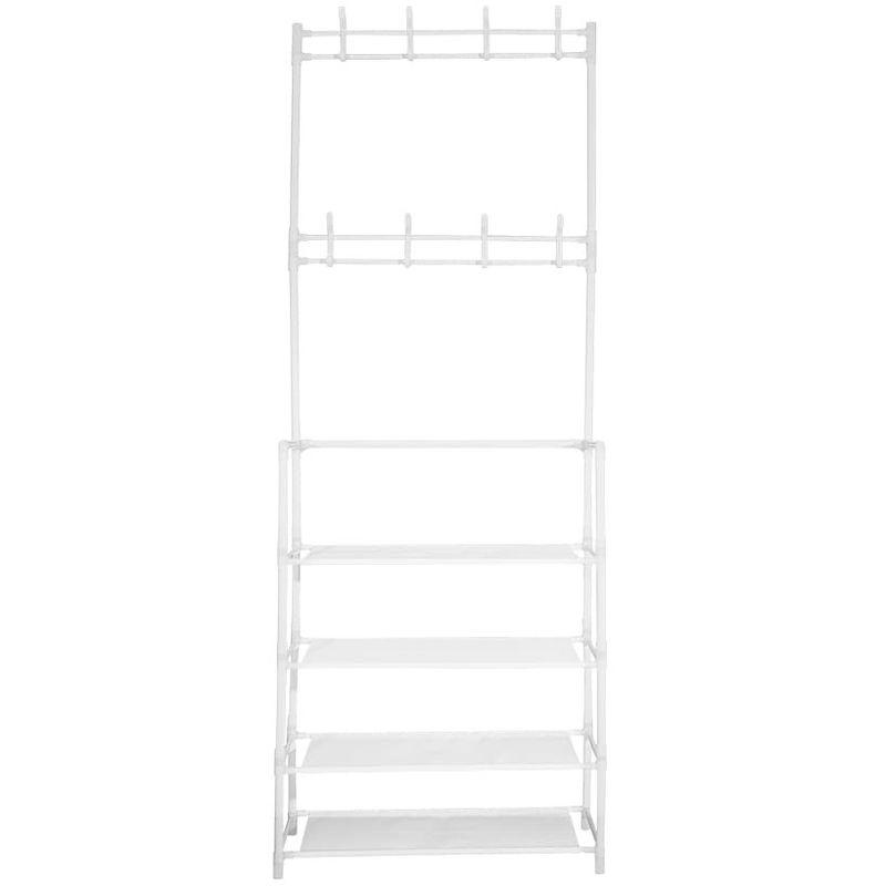 White Metal 4-Tier Clothing Rack with Hooks and Shelves