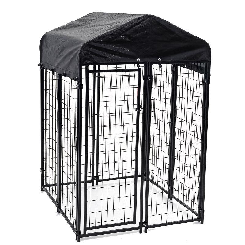 Lucky Dog STAY Series Black Powder Coat Steel Frame Villa Dog Kennel with Waterproof Canopy Roof and Single Gate Door