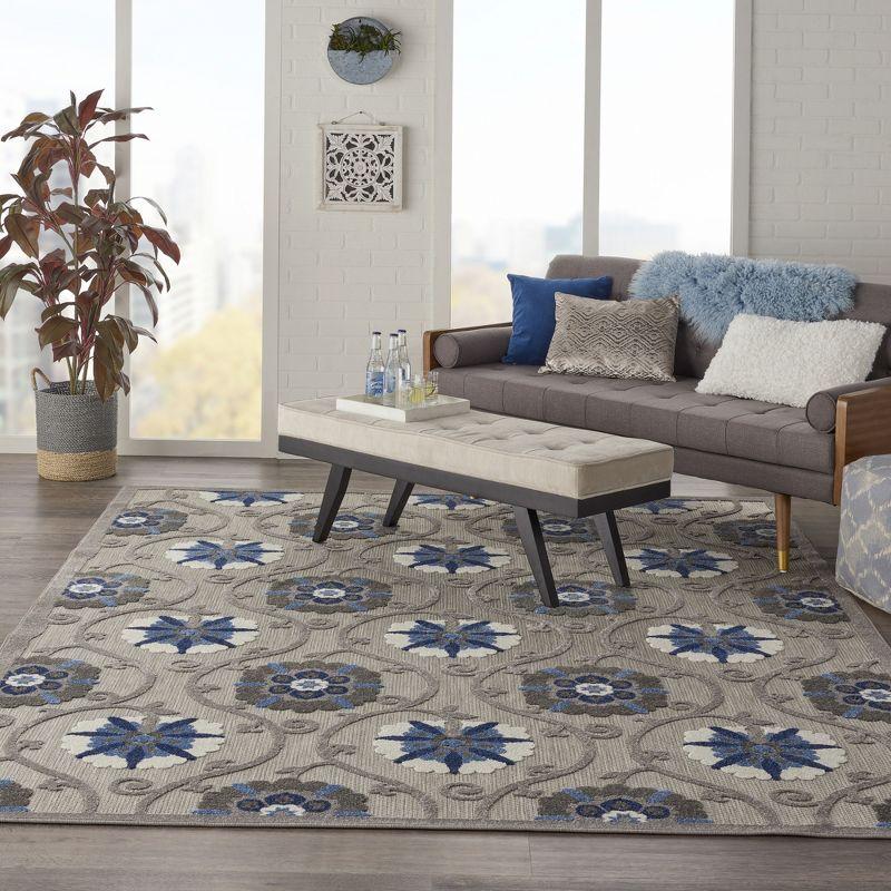 Nourison Aloha Contemporary Floral Flatweave High-Low Indoor Outdoor Area Rug Grey/Blue 9'6" x 13'