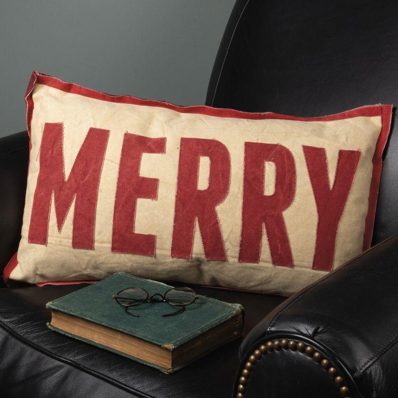 Merry Red and Tan Cotton Canvas Holiday Throw Pillow