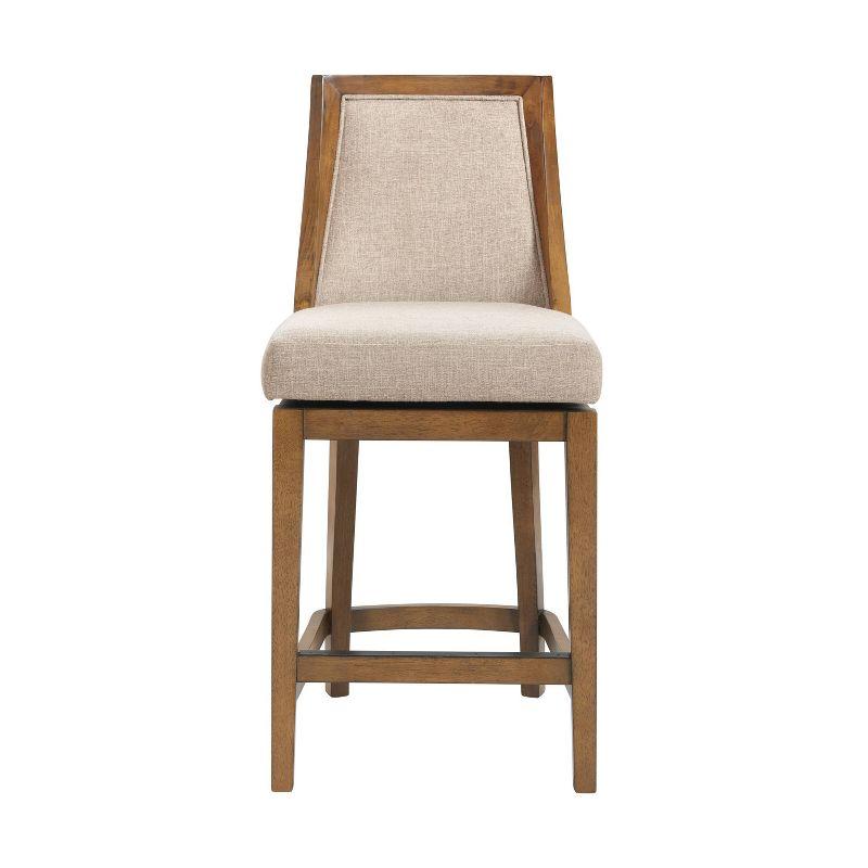 Alaterre Ellie Bar Height Stool, Back, Swivel Seat, Brown, Upholstered Padded Seat, Rubberwood Frame, Steel Memory Return Mechanism, Dimensions 19 in. W x 22 in. D x 46 in. H, Footrest, Metal Kick Plate