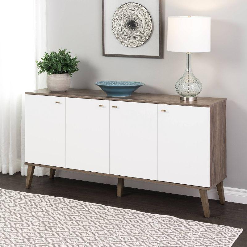 Milo Mid-Century Modern 4 Door Buffet Server Gray/White - Prepac: Laminated Composite Wood, Adjustable Shelves