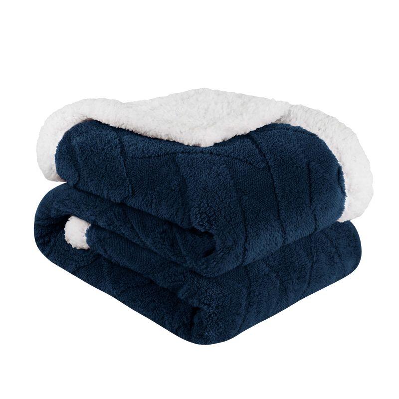Jacquard Lattice Fleece Plush Reversible Blanket, Throw, Navy Blue - Blue Nile Mills