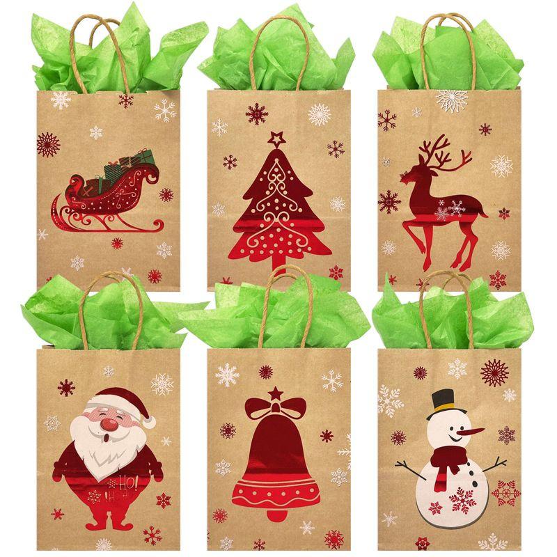 Wrapables 12pc Christmas Kraft Gift Bags with Tissue Paper Festive Red 12pc