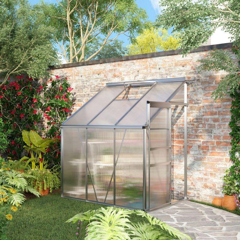 Outsunny 6' x 4' Aluminum Lean-to Greenhouse Polycarbonate Walk-in Garden Greenhouse with Adjustable Roof Vent, Rain Gutter and Sliding Door