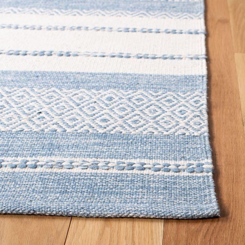 Ivory and Blue Striped Square Wool Cotton Area Rug