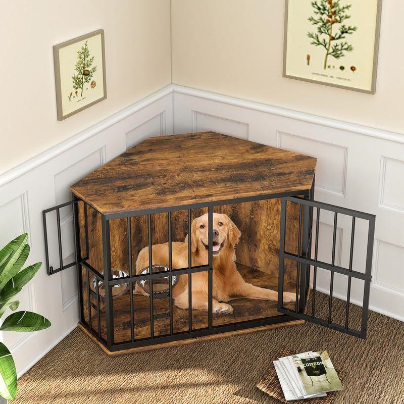 LOVMOR Furniture Dog Crate Corner, Dog Kennel Corner Wooden End Table with Bowl, Indoor Pet Crates Corner Side Table for Dogs