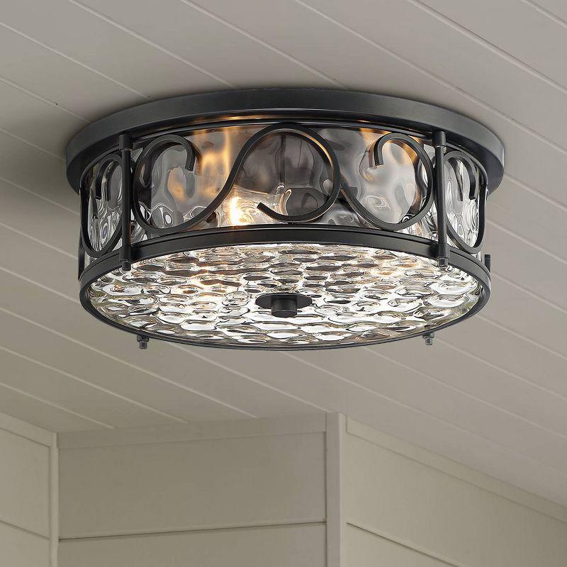 Matte Black Rustic Flush Mount Ceiling Light with Hammered Glass