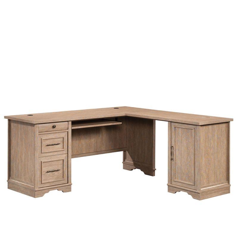 Brushed Oak L-Shaped Executive Desk with Drawers and Keyboard Tray