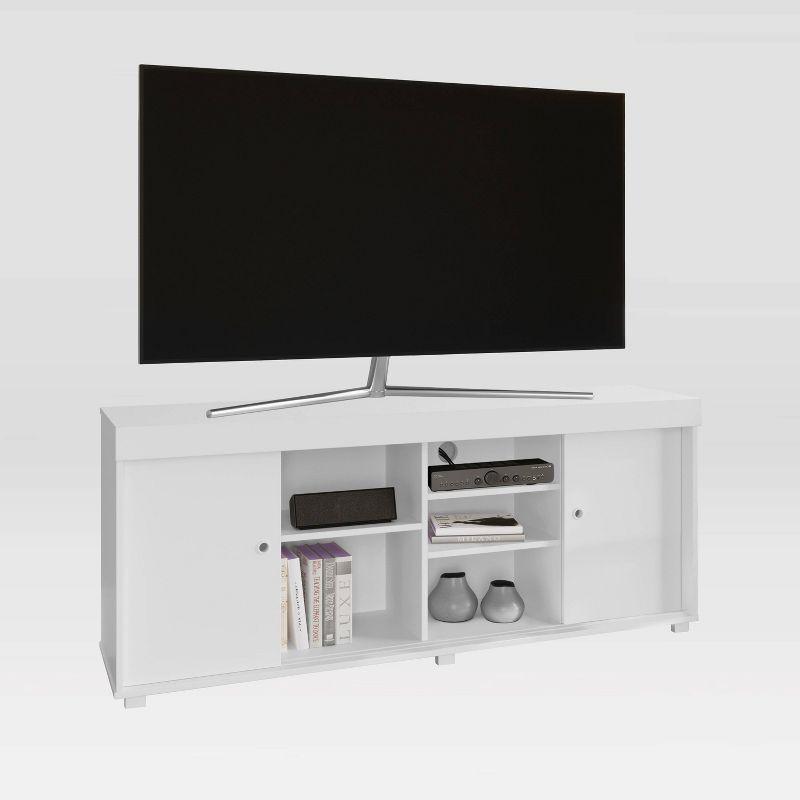 Modern White Particleboard TV Stand with Open Shelves and Cabinet