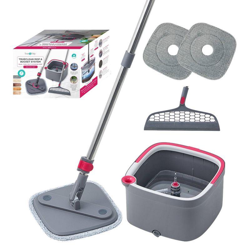 TrueClean Gray Microfiber Spin Mop & Bucket System with Silicone Sweeper