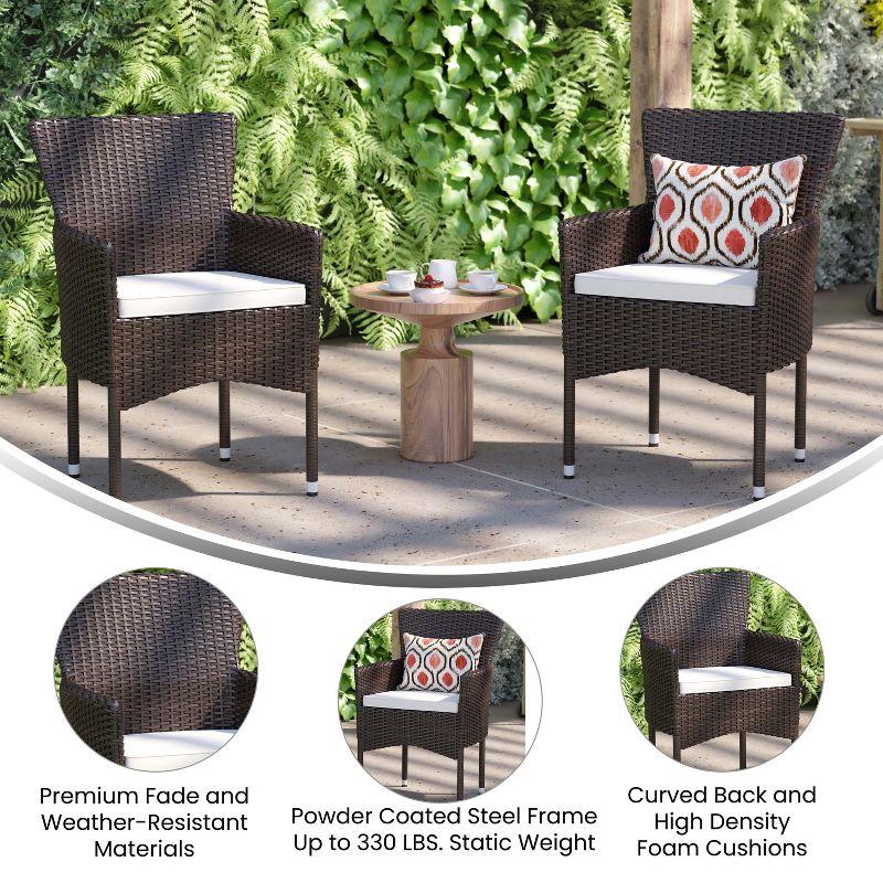 Espresso Brown Wicker Patio Dining Chairs with Cream Cushions, Set of 2