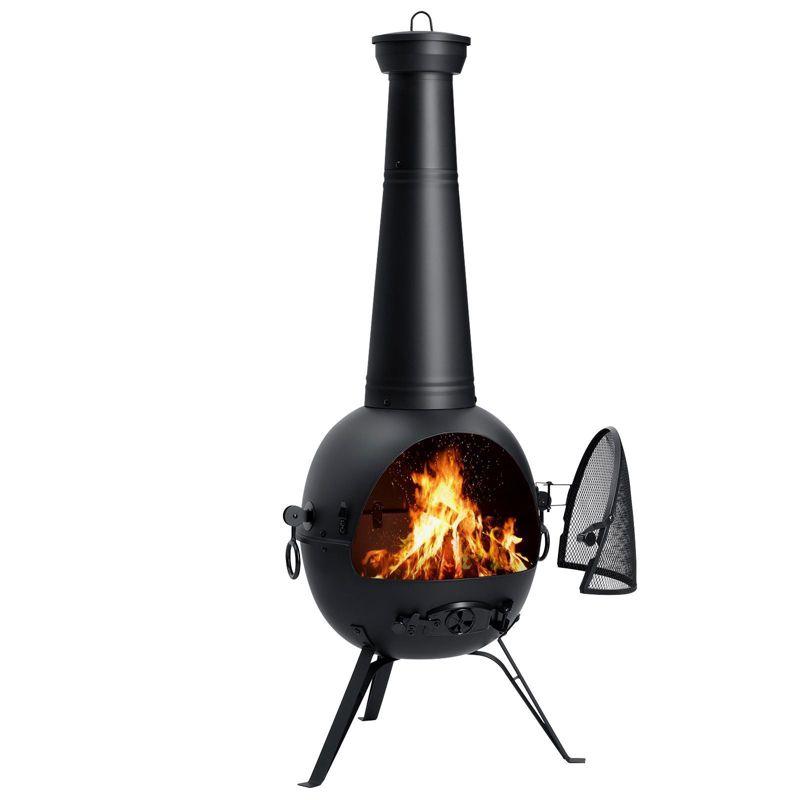 SINGLYFIRE 55 Inch High Fire Pit Fireplace with Chiminea Cover Rust-Free Iron Black
