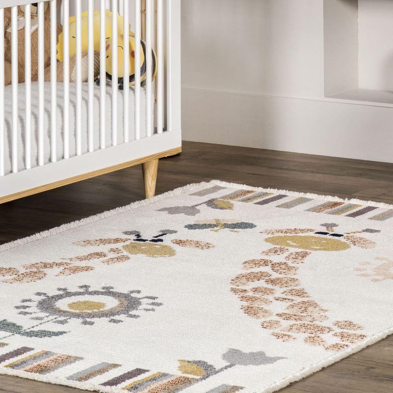 Beige 8' x 10' Stain-Resistant Kids Area Rug with Giraffe Print