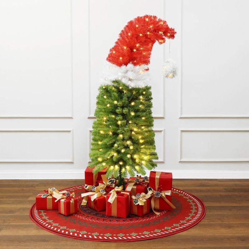 LuxenHome 5Ft Pre-Lit Artificial Tree with Santa Hat Treetop Multicolored
