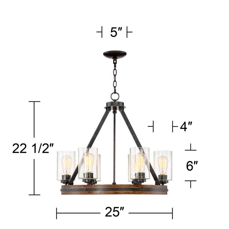 Franklin Iron Works Metal Wood Wagon Wheel Chandelier 25" Wide Rustic Farmhouse Clear Seeded Glass 6-Light Fixture for Dining Room