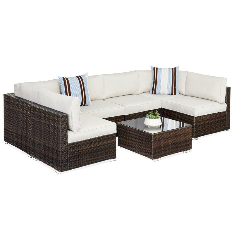 7-Piece Brown Wicker Outdoor Sectional Set with White Cushions