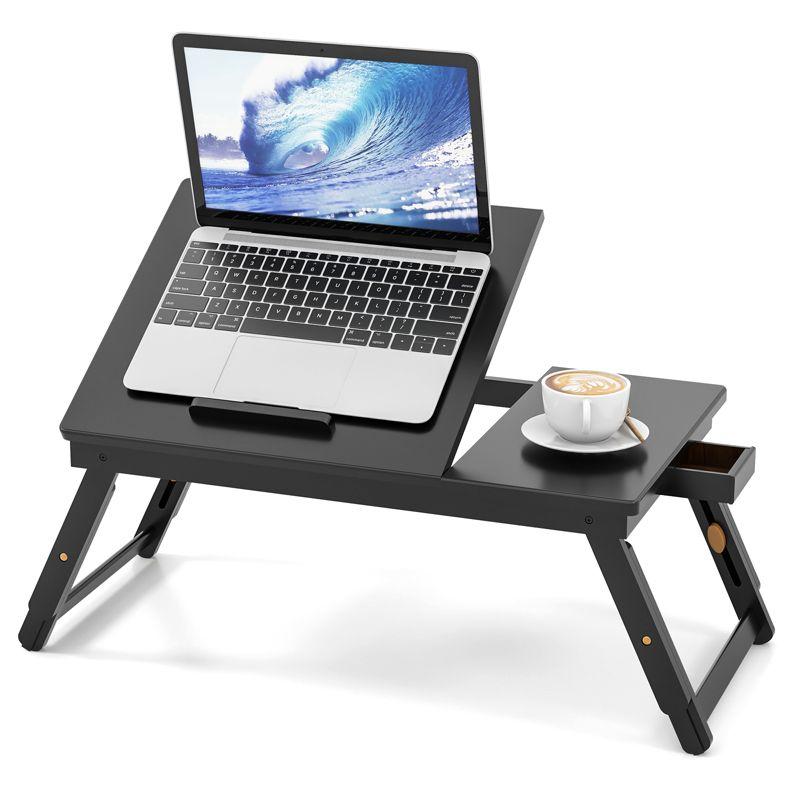 Adjustable Black Bamboo Laptop Desk with Drawer and Cooling Holes