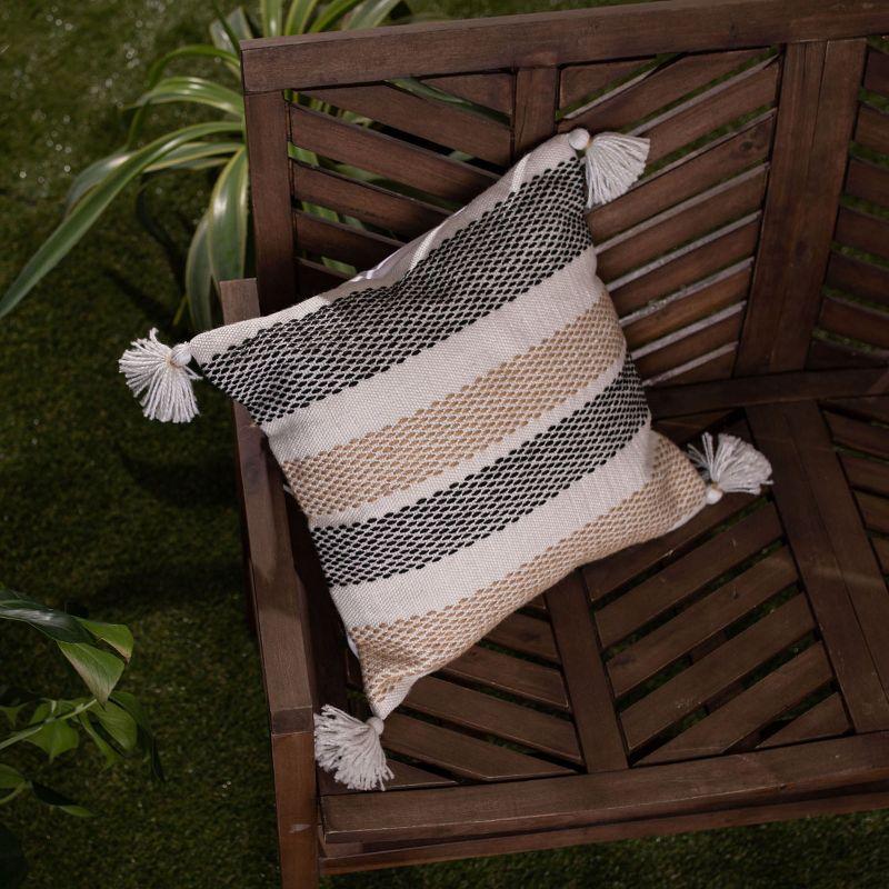 Tan and Black Hand Woven Outdoor Pillow with Tassels