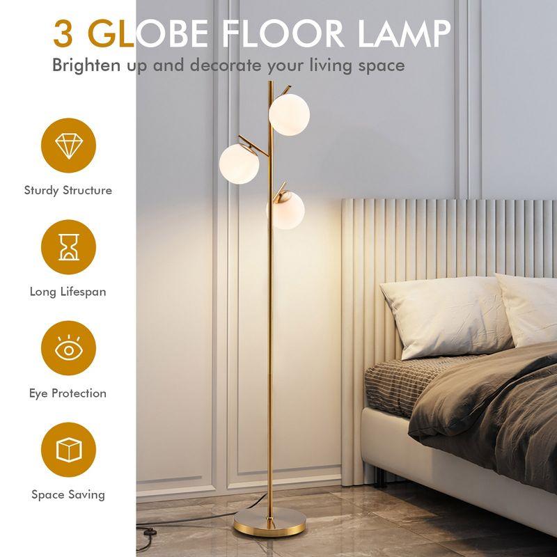 Tangkula Modern 3-Globe Freestanding Floor Lamp with Convenient Foot Switch & 3 E26 Bulb Bases, Sturdy Steel Pole Golden