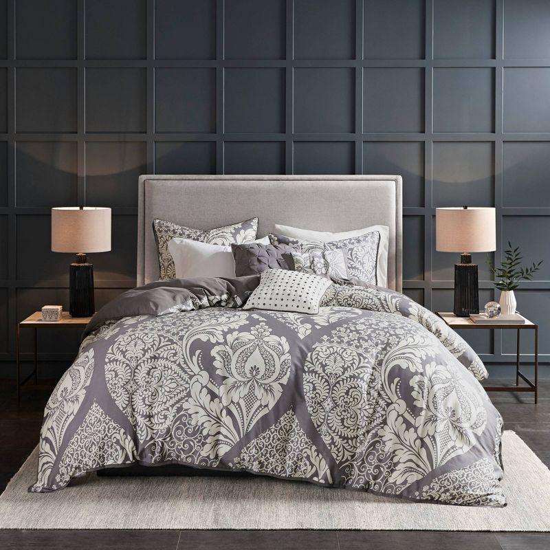 Madison Park 6pc Full/Queen Adela Printed Duvet Cover Bedding Set Slate: Cotton Damask, Embroidered, OEKO-TEX Certified