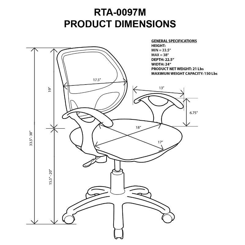 Midback Mesh Task Office Chair Black - Techni Mobili: Pneumatic, Swivel, 150lbs Capacity