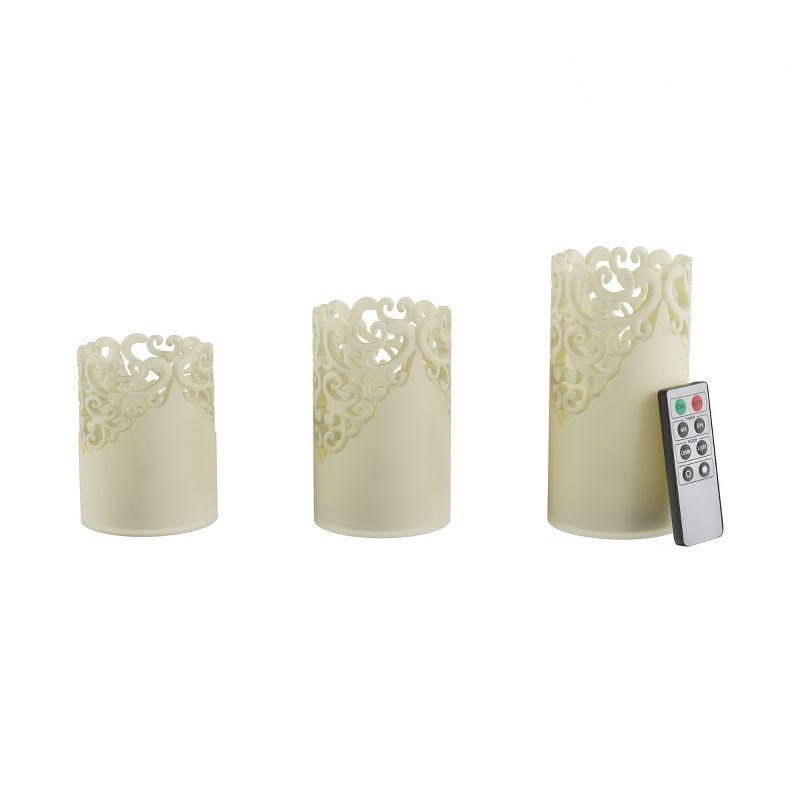 Remote Control LED Candles - Set of 3 Battery-Operated Realistic Flameless Pillars with Lace Details and Vanilla-Scented Wax by Lavish Home