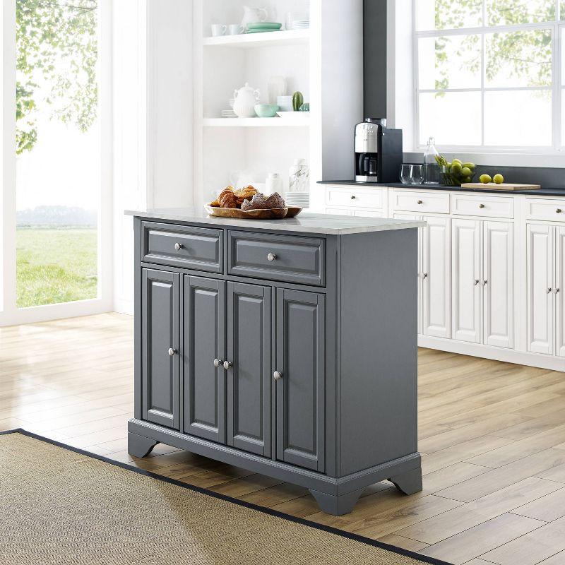 One Allium Way® Kitchen Island With Storage Shelves, Microwave Stand, Coffee Bar, Gray - Birch Veneer, Marble Finish, 2 Drawers & 3 Cabinets, Brushed Nickel Hardware