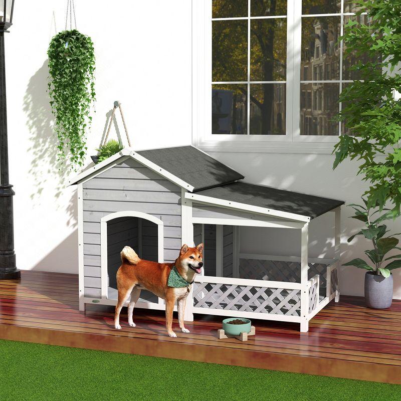 Large Gray Wooden Dog House with Porch and Asphalt Roof