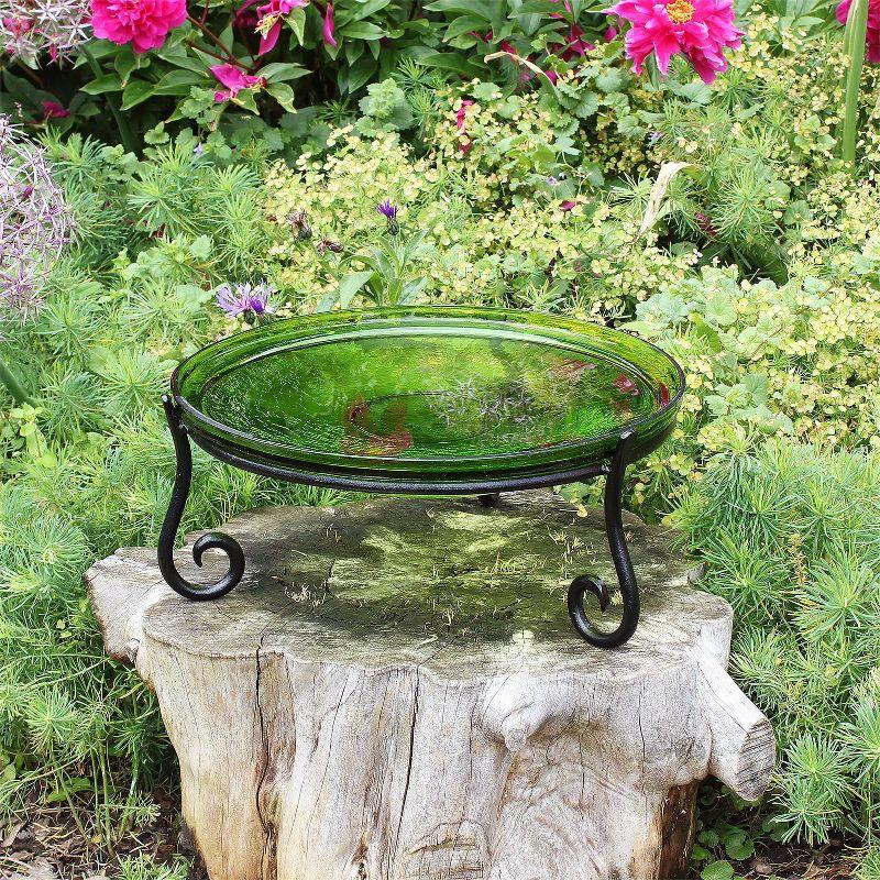 14-Inch Fern Green Crackle Glass Birdbath with Wrought Iron Stand